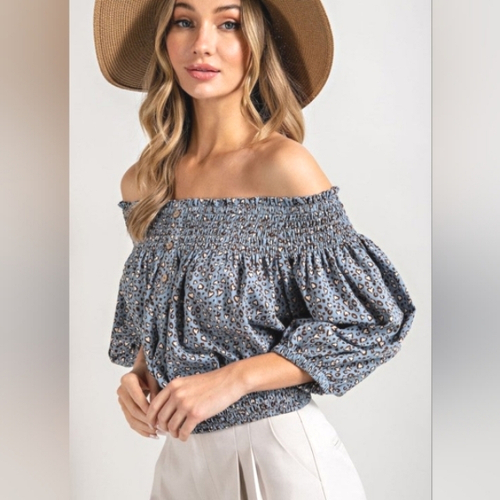 EE:SOME Smocked Leopard Heart Off Shoulder Puff Sleeve Top NWT - Picture 5 of 12